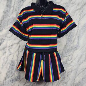 Dolls Kill Club Exx XXL Rainbow Stripe Crop Tee + Lounge Drawstring Shorts Set